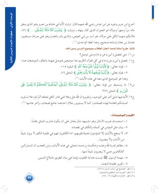 23
‫التالوة‬‫لدرو�س‬‫إعداد‬‫ل‬‫ا‬‫خطوات‬:‫أوىل‬‫ل‬‫ا‬‫الوحدة‬
‫ينفق‬ ‫الذي‬ ‫وهو‬ ‫عمرو‬ ‫بن‬ ‫هشام‬ ‫في‬ ‫اآلية‬ ‫نزلت‬ :‫قال‬ ‫عنهما‬ ‫اهلل‬ ‫رضي‬ ‫عباس‬ ‫ابن‬ ‫عن‬ ‫وغيره‬ ‫جرير‬ ‫ابن‬ ‫أخرج‬
،76 ‫...ﱪ‬‫ﮐ‬‫ﮏ‬‫ﮎ‬‫ﮍ‬‫ﱫ‬ ‫ونزلت‬ ، ‫ينهاه‬ ‫كان‬ ‫الذي‬ ‫الجوزاء‬ ‫أبو‬ ‫ومواله‬ ً‫ا‬‫وجهر‬ ً‫ا‬‫سر‬ ‫ماله‬
:‫مستقيم‬ ‫صراط‬ ‫على‬ ‫وهو‬ ‫بالعدل‬ ‫يأمر‬ ‫والذي‬ ،‫العيص‬ ‫أبي‬ ‫بن‬ ‫أسد‬ ‫هو‬ :‫مواله‬ ‫على‬ ‫الكل‬ ‫منهما‬ ‫فاألبكم‬
.(((
‫الواحدى‬ ‫لفظ‬ ‫وهذا‬ ،‫صحيح‬ ‫إسناده‬ ‫عفان‬ ‫بن‬ ‫عثمان‬
:‫ذلك‬‫ومن‬،‫الدر�س‬‫بمو�ضوع‬‫الطالب‬‫أذهان‬�‫ت�شحذ‬‫أ�سئلة‬�‫طرح‬:ً‫ا‬‫ثالي‬
‫توصل؟‬ ‫ومتى‬ )‫(ما‬ ‫عن‬ )‫(أين‬ ‫تفصل‬ ‫متى‬ /1‫س‬
:‫هما‬ ‫الموضعان‬ ،‫باتفاق‬ ‫فيهما‬ ‫فتوصل‬ ‫موضعين‬ ‫عدا‬ ‫الكريم‬ ‫القرآن‬ ‫كل‬ ‫في‬ )‫(ما‬ ‫عن‬ )‫(أين‬ ‫تفصل‬ /1‫ج‬
.115 ‫البقرة‬ ‫ﮜﱪ‬‫ﮛ‬‫ﮚ‬‫ﮙ‬‫ﮘ‬‫ﱫ‬ :‫تعالى‬ ‫قوله‬ -1
.76 ‫النحل‬ ‫ﮟﱪ‬‫ﮞ‬‫ﮝ‬‫ﮜ‬‫ﱫﮛ‬ :‫تعالى‬ ‫قوله‬ -2
.(((
‫اآليات‬ ‫هذه‬ ‫في‬ ‫معنا‬ ‫الذي‬ ‫الموضع‬ ‫هو‬ ‫وهذا‬
‫ﮕ‬ ‫ﮔ‬ ‫ﮓ‬ ‫ﮒ‬ ‫ﮑ‬ ‫ﮐ‬ ‫ﮏ‬ ‫ﮎ‬ ‫ﮍ‬‫ﱫ‬ :‫تعالى‬ ‫قوله‬ ‫من‬ ‫يستنبط‬ ‫ما‬ /2‫س‬
‫67؟‬ ‫النحل‬ ‫ﮖﱪ‬
‫تساويه‬ ‫فال‬ ، ٍ‫ناه‬ ٌ‫ر‬‫آم‬ ‫لخلقه‬ ‫كافل‬ ‫قادر‬ ‫غني‬ ‫وعال‬ ‫جل‬ ‫اهلل‬ ‫أن‬ ‫وتقريره‬ ،‫التوحيد‬ ‫على‬ ‫آخر‬ ‫دليل‬ ‫فيها‬ ‫اآلية‬ /2‫ج‬
.(((
‫عادمها‬ ‫وآخر‬ ،‫لصفات‬ ‫جامع‬ ‫أحدهما‬ ‫رجالن‬ ‫يستوى‬ ‫ال‬ ‫كما‬ ،‫الصفات‬ ‫لهذه‬ ‫العادمة‬ ‫أصنامكم‬
:‫والمو�ضوعات‬‫القيم‬
.ً‫ا‬‫عالم‬ ‫المثل‬ ‫ضارب‬ ‫يكون‬ ‫أن‬ ‫على‬ ‫بحال‬ ‫حال‬ ‫تشبيهه‬ ‫وهو‬ ‫األمثال‬ ‫ضرب‬ ‫استحسان‬ -1
.‫نقصانه‬ ‫في‬ ‫والكافر‬ ‫كماله‬ ‫في‬ ‫المؤمن‬ ‫مثل‬ ‫بيان‬ -2
ً‫ا‬‫شيئ‬ ‫يرون‬ ‫ال‬ ‫الكفر‬ ‫ظلمة‬ ‫في‬ ‫فهم‬ ‫الكافرون‬ ‫أما‬ ،‫قلوبهم‬ ‫لحياة‬ ‫المؤمنون‬ ‫إال‬ ‫باآليات‬ ‫ينتفع‬ ‫ال‬ -3
.‫يبصرون‬ ‫وال‬ ‫اآليات‬ ‫من‬
‫المشركين‬ ‫أن‬ ‫العجب‬ ‫ومن‬ ،‫اآليات‬ ‫هذه‬ ‫في‬ ‫تتجلى‬ ‫ورحمته‬ ‫وحكمته‬ ‫وعلمه‬ ‫اهلل‬ ‫قدرة‬ ‫مظاهر‬ -4
.‫منها‬ ً‫ا‬‫شيئ‬ ‫يبصرون‬ ‫ال‬ ‫عمي‬ ‫كالكافرين‬
.‫المبين‬ ‫بالبالغ‬ ‫الطريق‬ ‫بيان‬ ‫هي‬ ‫وإنما‬ ‫القلوب‬ ‫هداية‬ ‫ليست‬ ‫ﷺ‬ ‫الرسول‬ ‫مهمة‬ -5
.‫البعث‬ ‫عقيدة‬ ‫تقرير‬ -6
	.)224( ‫النزول‬ ‫أسباب‬ ‫في‬ ‫الصحيح‬ :‫انظر‬ )1(
	.‫والموصول‬ ‫المقطوع‬ ‫باب‬ ‫الجزرية‬ :‫انظر‬ )2(
	.)380/2( ‫اإللهية‬ ‫اإلشارات‬ : ‫انظر‬ )3(
 