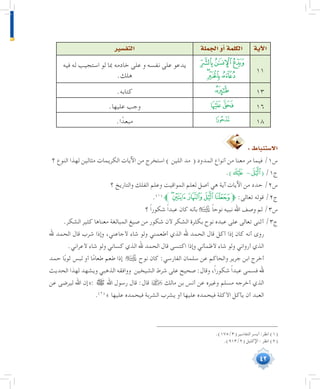 42
‫التف�سير‬ ‫الجملة‬‫أو‬�‫الكلمة‬ ‫آية‬‫ل‬‫ا‬
‫فيه‬ ‫له‬ ‫استجيب‬ ‫لو‬ ‫مبا‬ ‫خادمه‬ ‫على‬ ‫و‬ ‫نفسه‬ ‫على‬ ‫يدعو‬
.‫هلك‬
‫ﭼ‬‫ﭻ‬‫ﭺ‬
‫ﭿ‬‫ﭾ‬‫ﭽ‬
11
.‫كتابه‬ ‫ﮡ‬ 13
.‫عليها‬ ‫وجب‬ ‫ﯹ‬‫ﯸ‬ 16
.‫ا‬ ً‫مبعد‬ ‫ﭢ‬ 18
:‫اال�ستنباط‬
‫؟‬ ‫النوع‬ ‫لهذا‬ ‫مثالين‬ ‫الكريمات‬ ‫اآليات‬ ‫من‬ ‫استخرج‬ ) ‫اللين‬ ‫مد‬ ( ‫المدود‬ ‫أنواع‬ ‫من‬ ‫معنا‬ ‫مر‬ ‫فيما‬ /1‫س‬
.)‫ﯓ‬ -‫(ﮅ‬ /1‫ج‬
‫؟‬ ‫والتاريخ‬ ‫الفلك‬ ‫وعلم‬ ‫المواقيت‬ ‫لعلم‬ ‫أصل‬ ‫هي‬ ‫آية‬ ‫اآليات‬ ‫من‬ ‫حدد‬ /2‫س‬
.(((
‫ﱪ‬‫ﮈ‬‫ﮇ‬‫ﮆ‬‫ﮅ‬‫ﮄ‬‫ﱫ‬ :‫تعالى‬ ‫قوله‬ /2‫ج‬
‫؟‬ ً‫ا‬‫شكور‬ ً‫ا‬‫عبد‬ ‫كان‬ ‫بأنه‬  ً‫ا‬‫نوح‬ ‫نبيه‬ ‫اهلل‬ ‫وصف‬ ‫لم‬ /3‫س‬
.‫الشكر‬ ‫كثير‬ ‫معناها‬ ‫المبالغة‬ ‫صيغ‬ ‫من‬ ‫شكور‬ ‫ألن‬ ‫الشكر‬ ‫بكثرة‬ ‫نوح‬ ‫عبده‬ ‫على‬ ‫تعالى‬ ‫أثنى‬ /3‫ج‬
‫هلل‬ ‫الحمد‬ ‫قال‬ ‫شرب‬ ‫وإذا‬ ،‫ألجاعني‬ ‫شاء‬ ‫ولو‬ ‫أطعمني‬ ‫الذي‬ ‫هلل‬ ‫الحمد‬ ‫قال‬ ‫أكل‬ ‫إذا‬ ‫كان‬ ‫أنه‬ ‫روى‬ 	
.‫ألعراني‬ ‫شاء‬ ‫ولو‬ ‫كساني‬ ‫الذي‬ ‫هلل‬ ‫الحمد‬ ‫قال‬ ‫اكتسى‬ ‫وإذا‬ ‫ألظمأني‬ ‫شاء‬ ‫ولو‬ ‫أرواني‬ ‫الذي‬
‫حمد‬ ‫ا‬ً‫ب‬‫ثو‬ ‫لبس‬ ‫أو‬ ‫ا‬ً‫م‬‫طعا‬ ‫طعم‬ ‫إذا‬  ‫نوح‬ ‫كان‬ :‫الفارسي‬ ‫سلمان‬ ‫عن‬ ‫والحاكم‬ ‫جرير‬ ‫ابن‬ ‫أخرج‬ 	
‫الحديث‬ ‫لهذا‬ ‫ويشهد‬ ‫الذهبي‬ ‫ووافقه‬ ‫الشيخين‬ ‫شرط‬ ‫على‬ ‫صحيح‬ :‫وقال‬ ،ً‫ا‬‫شكور‬ ً‫ا‬‫عبد‬ ‫فسمى‬ ‫هلل‬
‫عن‬ ‫ليرضى‬ ‫اهلل‬ ‫:«إن‬ ‫ﷺ‬ ‫اهلل‬ ‫رسول‬ ‫قال‬ :‫قال‬  ‫مالك‬ ‫بن‬ ‫أنس‬ ‫عن‬ ‫وغيره‬ ‫مسلم‬ ‫أخرجه‬ ‫الذي‬
.(((
» ‫عليها‬ ‫فيحمده‬ ‫الشربة‬ ‫يشرب‬ ‫أو‬ ‫عليها‬ ‫فيحمده‬ ‫األكلة‬ ‫يأكل‬ ‫أن‬ ‫العبد‬
	.)175/3( ‫التفاسير‬ ‫أيسر‬ :‫انظر‬ )1(
	.)913/2( ‫اإلكليل‬ : ‫انظر‬ )2(
 