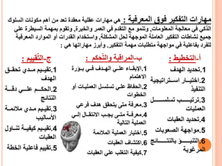 ‫المعرفية‬ ‫فوق‬ ‫التفكير‬ ‫مهارات‬:ّ‫ه‬‫ال‬ ‫مكونات‬ ‫أهم‬ ‫مل‬ ‫تعا‬ ‫اة‬ ‫مع‬ ‫لية‬ ‫ي‬ ‫مهارات‬‫سلوك‬
‫المعلومات‬ ‫معالجة‬ ّ‫ف‬ ّ‫ك‬ ‫ال‬,‫والهصرة‬ ‫العمر‬ ّ‫ف‬ ‫ام‬ ‫الت‬ ‫مع‬ ‫وتنمو‬,‫السيطرة‬ ‫دبمهمة‬ ‫وم‬ ‫وت‬ّ‫يل‬
‫المشكلة‬ ‫لحل‬ ‫الموجهة‬ ‫العاملة‬ ‫التفكير‬ ‫نشاعات‬ ‫جميع‬,‫المعرف‬ ‫الموارد‬ ‫أو‬ ‫ارات‬ ‫ال‬ ‫واستهاام‬‫ية‬
‫التفكير‬ ‫مهمة‬ ‫متطلصات‬ ‫مواجهة‬ ّ‫ف‬ ‫دبفايلية‬ ‫للفرد‬.ّ‫ه‬ ‫مهاراتها‬ ‫وأدبرز‬:
‫التهطي‬ ‫أ‬-:
.1‫تحايا‬‫الها‬
.2‫اااتراتيجي‬‫ا‬‫اس‬ ‫اااار‬‫ا‬‫اختي‬‫ة‬
‫التنفي‬
.3‫تسلسااااااااال‬ ‫ترتيااااااااا‬
‫العمليات‬
.4‫تحايا‬‫صات‬ ‫الع‬
.5‫مواجهة‬‫الرعودبات‬
.6‫اااااااااائي‬‫ا‬‫دبالنت‬ ‫اااااااااؤ‬‫ا‬‫التنص‬
‫المرغودبة‬
‫ب-المراكصة‬ّ‫ت‬‫وال‬‫حكم‬:
.1‫ااؤرة‬‫ا‬‫دب‬ ّ‫اا‬‫ا‬‫ف‬ ‫ااا‬‫ا‬‫اله‬ ّ‫اا‬‫ا‬‫يل‬ ‫ااا‬‫ا‬ ‫اإلدب‬
‫االهتمام‬
.2‫العملياات‬ ‫تسلسال‬ ّ‫يلا‬ ‫الحفاظ‬‫أو‬
‫الهطوات‬
.3‫مت‬ ‫معرفة‬‫ا‬ّ‫فري‬ ‫ها‬ ‫يتح‬
.4‫اا‬‫ا‬‫مت‬ ‫ااة‬‫ا‬‫معرف‬‫ا‬ّ‫اا‬‫ا‬‫إل‬ ‫ااال‬‫ا‬ ‫االنت‬ ‫اا‬‫ا‬‫يج‬
‫التالية‬ ‫العملية‬
.5‫المالئمة‬ ‫العملية‬ ‫اختيار‬
.6‫صات‬ ‫الع‬ ‫اكتشا‬
.7‫صات‬ ‫الع‬ ّ‫يل‬ ‫التغل‬ ‫كيفية‬
ّ‫ت‬‫ال‬ ‫ج‬-‫ييم‬:
.1‫ااا‬ ‫تح‬ ‫مااااي‬ ‫يااايم‬ ‫ت‬
‫الها‬
.2‫ااااة‬‫ا‬‫دك‬ ّ‫اااا‬‫ا‬‫يل‬ ‫اااام‬‫ا‬‫الحك‬
‫النتائي‬
.3‫مالئمااة‬ ‫ماااي‬ ‫ياايم‬ ‫ت‬
‫األسالي‬
.4‫اا‬‫ا‬‫تن‬ ‫ااة‬‫ا‬‫كيفي‬ ‫اايم‬‫ا‬‫ي‬ ‫ت‬‫اول‬
‫صات‬ ‫الع‬
.5‫اله‬ ‫فايلية‬ ‫ييم‬ ‫ت‬‫طة‬
 