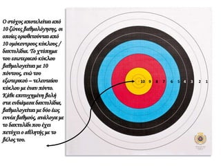 Ο στόχος αποτελείται από
10 ζώνες βαθμολόγησης, οι
οποίες οριοθετούνται από
10 ομόκεντρους κύκλους /
δακτυλίδια. Το χτύπημα
του εσωτερικού κύκλου
βαθμολογείται με 10
πόντους, ενώ του
εξωτερικού – τελευταίου
κύκλου με έναν πόντο.
Κάθε επιτυχημένη βολή
στα ενδιάμεσα δακτυλίδια,
βαθμολογείται με δύο έως
εννέα βαθμούς, ανάλογα με
το δακτυλίδι που έχει
πετύχει ο αθλητής με το
βέλος του.
10 9 8 7 6 5 4 3 2 1
 