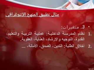 ‫الثنوغرافي‬ ‫المنهج‬ ‫تطبيق‬ ‫مثال‬
•3.‫متغيرات‬:
1.،‫والتعليم‬ ‫التربيية‬ ‫عمليية‬ :‫الداخليية‬ ‫المدرسية‬ ‫نظام‬
.‫العقوبة‬ ،‫العناية‬ ،‫والرشاد‬ ‫التوجيه‬ ،‫القدوة‬
2.... ،‫المانة‬ ،‫الصدق‬ ،‫التدين‬ :‫الطلبة‬ ‫أخلق‬
 