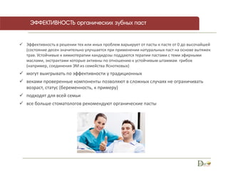  Эффективность в решении тех или иных проблем варьирует от пасты к пасте от 0 до высочайшей
(состояние десен значительно улучшается при применении натуральных паст на основе вытяжек
трав. Устойчивые к химиотерапии кандидозы поддаются терапии пастами с теми эфирными
маслами, экстрактами которые активны по отношению к устойчивым штаммам грибов
(например, соединения ЭМ из семейства Яснотковых)
 могут выигрывать по эффективности у традиционных
 веками проверенные компоненты позволяют в сложных случаях не ограничивать
возраст, статус (беременность, к примеру)
 подходят для всей семьи
 все больше стоматологов рекомендуют органические пасты
 