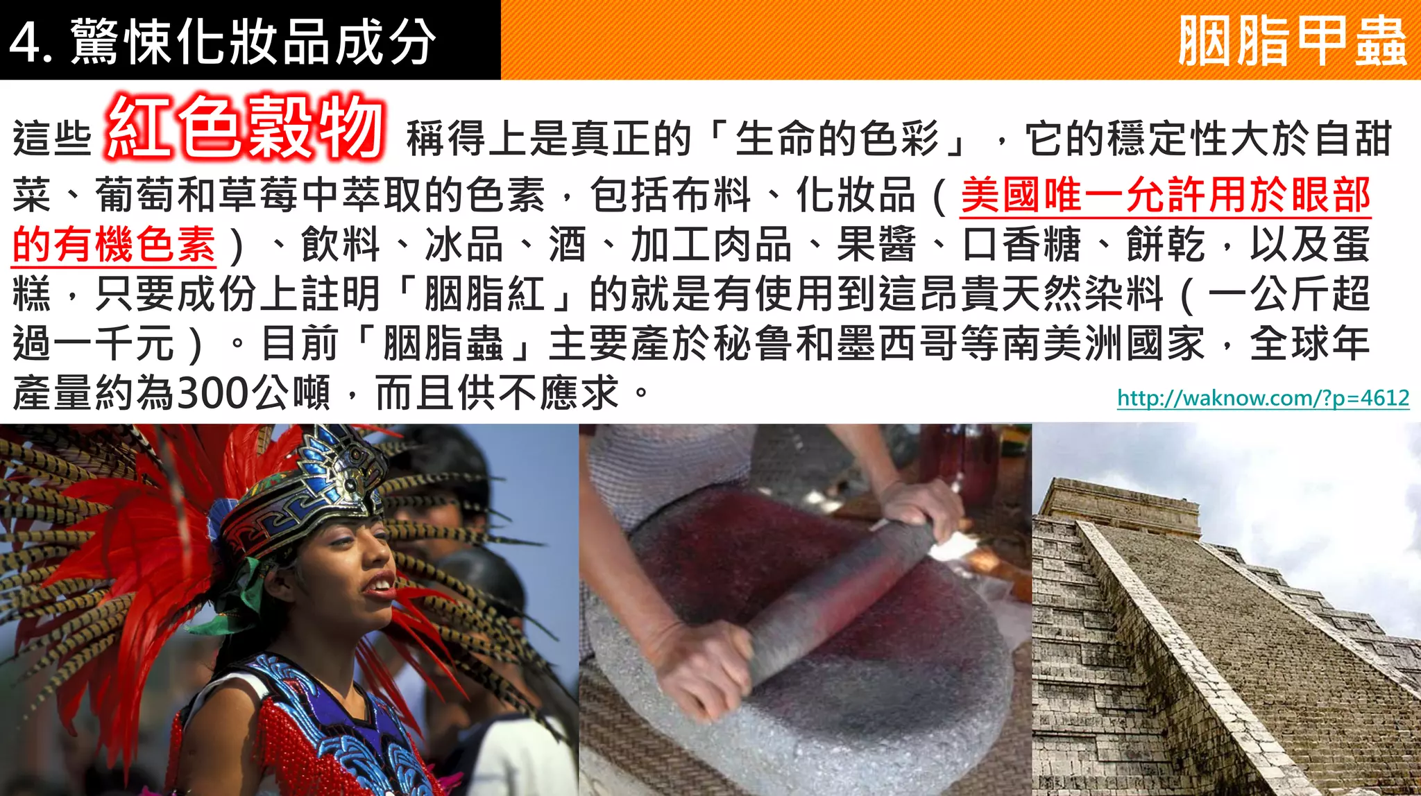 4. 驚悚化妝品成分
這些 紅色穀物 稱得上是真正的「生命的色彩」，它的穩定性大於自甜
菜、葡萄和草莓中萃取的色素，包括布料、化妝品（美國唯一允許用於眼部
的有機色素）、飲料、冰品、酒、加工肉品、果醬、口香糖、餅乾，以及蛋
糕，只要成份上註明「胭脂紅」的就是有使用到這昂貴天然染料（一公斤超
過一千元）。目前「胭脂蟲」主要產於秘鲁和墨西哥等南美洲國家，全球年
產量約為300公噸，而且供不應求。
胭脂甲蟲
http://waknow.com/?p=4612
 