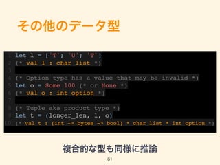 その他のデータ型
1 let l = ['T'; 'U'; 'T']
2 (* val l : char list *)
3
4 (* Option type has a value that may be invalid *)
5 let o = Some 100 (* or None *)
6 (* val o : int option *)
7
8 (* Tuple aka product type *)
9 let t = (longer_len, l, o)
10 (* val t : (int -> bytes -> bool) * char list * int option *)
61
複合的な型も同様に推論
 