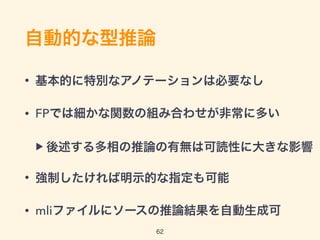 自動的な型推論
• 基本的に特別なアノテーションは必要なし
• FPでは細かな関数の組み合わせが非常に多い
▶ 後述する多相の推論の有無は可読性に大きな影響
• 強制したければ明示的な指定も可能
• mliファイルにソースの推論結果を自動生成可
62
 