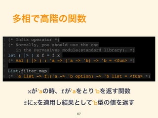 多相で高階の関数
1 (* Infix operator *)
2 (* Normally, you should use the one
3 in the Pervasives module(standard library). *)
4 let ( |> ) x f = f x
5 (* val ( |> ) : 'a -> ('a -> 'b) -> 'b = <fun> *)
6
7 List.filter_map
8 (* 'a list -> f:('a -> 'b option) -> 'b list = <fun> *)
67
xが'aの時、fが'aをとり'bを返す関数 
fにxを適用し結果として’b型の値を返す
 