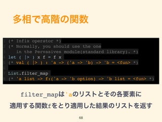 多相で高階の関数
1 (* Infix operator *)
2 (* Normally, you should use the one
3 in the Pervasives module(standard library). *)
4 let ( |> ) x f = f x
5 (* val ( |> ) : 'a -> ('a -> 'b) -> 'b = <fun> *)
6
7 List.filter_map
8 (* 'a list -> f:('a -> 'b option) -> 'b list = <fun> *)
68
filter_mapは'aのリストとその各要素に 
適用する関数fをとり適用した結果のリストを返す
 