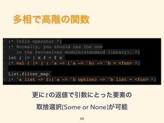 多相で高階の関数
1 (* Infix operator *)
2 (* Normally, you should use the one
3 in the Pervasives module(standard library). *)
4 let ( |> ) x f = f x
5 (* val ( |> ) : 'a -> ('a -> 'b) -> 'b = <fun> *)
6
7 List.filter_map
8 (* 'a list -> f:('a -> 'b option) -> 'b list = <fun> *)
69
更にfの返値で引数にとった要素の 
取捨選択(Some or None)が可能
 