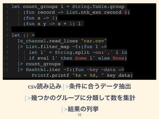 1 let count_groups l = String.Table.group
2 | (fun record -> List.nth_exn record 6)
3 | (fun x -> 1)
4 | (fun x y -> x + 1) l
5
6 let () =
7 In_channel.read_lines "car.csv"
8 |> List.filter_map ~f:(fun l ->
9 | | let l' = String.split ~on:',' l in
10 | | if eval l' then Some l' else None)
11 |> count_groups
12 |> Hashtbl.iter ~f:(fun ~key ~data -> 
Printf.printf "%s = %d, " key data)
csv読み込み|>条件に合うデータ抽出 
|>幾つかのグループに分類して数を集計 
|>結果の列挙
72
 