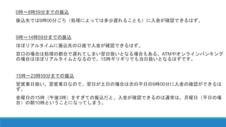 0時～8時59分までの振込
振込先では9時00分ごろ（処理によっては多少遅れることも）に入金が確認できるはず。
9時～14時59分までの振込
ほぼリアルタイムに振込先の口座で入金が確認できるはず。
窓口の場合は処理の都合で遅れてしまい翌日扱いとなる場合もある。ATMやオンラインバンキング
の場合はほぼリアルタイムとなるので、15時ギリギリでも当日扱いとなるはずです。
15時～23時59分までの振込
翌営業日扱い。翌営業日なので、翌日が土日の場合は次の平日の9時00分に入金の確認ができるは
ず。
金曜日の15時（午後3時）をすぎての振込だと、入金が確認できるのは通常は、月曜日（平日の場
合）の朝10時ということになってしまう。
 