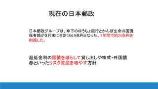 超低金利の国債を減らして貸し出しや株式・外国債
券といったリスク資産を増やす方針
日本郵政グループは、傘下のゆうちょ銀行とかんぽ生命の国債
保有額が３月末に合計154.9兆円となった。１年間で約24兆円を
削減した。
現在の日本郵政
 