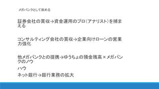 メガバンクとして攻める
証券会社の買収→資金運用のプロ（アナリスト）を捕ま
える
コンサルティング会社の買収→企業向けローンの営業
力強化
他メガバンクとの提携→ゆうちょの預金残高×メガバン
クのノウ
ハウ
ネット銀行→銀行業務の拡大
 