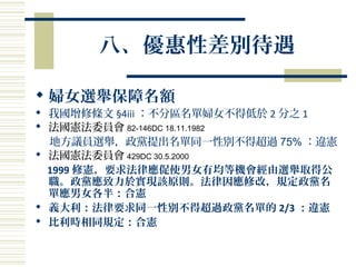 八、優惠性差別待遇
 婦女選舉保障名額
 我國增修條文 §4iii ：不分區名單婦女不得低於 2 分之 1
 法國憲法委員會 82-146DC 18.11.1982
地方議員選舉，政黨提出名單同一性別不得超過 75% ：違憲
 法國憲法委員會 429DC 30.5.2000
1999 修憲，要求法律應促使男女有均等機會經由選舉取得公
職。政黨應致力於實現該原則。法律因應修改，規定政黨名
單應男女各半：合憲
 義大利：法律要求同一性別不得超過政黨名單的 2/3 ：違憲
 比利時相同規定：合憲
 