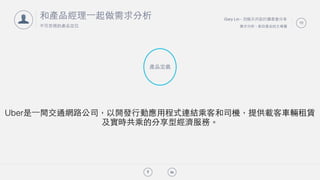 Gary Lin - 別做天兵設計讀書會分享
需求分析 - 拿回產品的主導權
!"
10
和產品經理⼀一起做需求分析
不可忽視的產品定位
👤
Uber是⼀一間交通網路公司，以開發⾏行動應⽤用程式連結乘客和司機，提供載客⾞車輛租賃
及實時共乘的分享型經濟服務。
產品定義
 