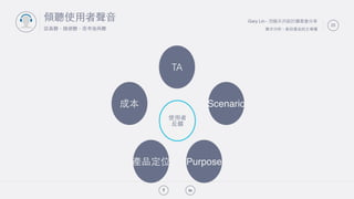 Gary Lin - 別做天兵設計讀書會分享
需求分析 - 拿回產品的主導權
!"
25
傾聽使⽤用者聲⾳音
認真聽，隨便聽，思考後再聽
使⽤用者
反饋
成本
TA
Scenario
Purpose產品定位
 