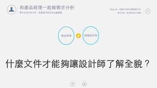Gary Lin - 別做天兵設計讀書會分享
需求分析 - 拿回產品的主導權
!"
6
和產品經理⼀一起做需求分析
需求沒有分析⽂文件，就像是考試沒有出題範圍
👤
產品經理 視覺設計師
什麼⽂文件才能夠讓設計師了解全貌？
 