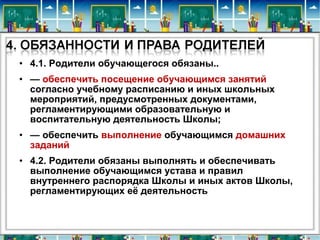• 4.1. Родители обучающегося обязаны..
• — обеспечить посещение обучающимся занятий
согласно учебному расписанию и иных школьных
мероприятий, предусмотренных документами,
регламентирующими образовательную и
воспитательную деятельность Школы;
• — обеспечить выполнение обучающимся домашних
заданий
• 4.2. Родители обязаны выполнять и обеспечивать
выполнение обучающимся устава и правил
внутреннего распорядка Школы и иных актов Школы,
регламентирующих её деятельность
 