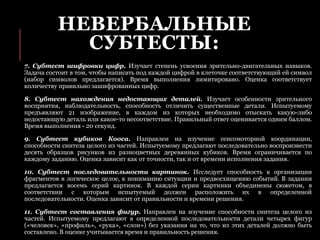 НЕВЕРБАЛЬНЫЕ
СУБТЕСТЫ:
7. Субтест шифровки цифр. Изучает степень усвоения зрительно-двигательных навыков.
Задача состоит в том, чтобы написать под каждой цифрой в клеточке соответствующий ей символ
(набор символов предлагается). Время выполнения лимитировано. Оценка соответствует
количеству правильно зашифрованных цифр.
8. Субтест нахождения недостающих деталей. Изучает особенности зрительного
восприятия, наблюдательность, способность отличить существенные детали. Испытуемому
предъявляют 21 изображение, в каждом из которых необходимо отыскать какую-либо
недостающую деталь или какое-то несоответствие. Правильный ответ оценивается одним баллом.
Время выполнения - 20 секунд.
9. Субтест кубиков Кооса. Направлен на изучение сенсомоторной координации,
способности синтеза целого из частей. Испытуемому предлагают последовательно воспроизвести
десять образцов рисунков из разноцветных деревянных кубиков. Время ограничивается по
каждому заданию. Оценка зависит как от точности, так и от времени исполнения задания.
10. Субтест последовательности картинок. Исследует способность к организации
фрагментов в логическое целое, к пониманию ситуации и предвосхищению событий. В задании
предлагается восемь серий картинок. В каждой серии картинки объединены сюжетом, в
соответствии с которым испытуемый должен расположить их в определенной
последовательности. Оценка зависит от правильности и времени решения.
11. Субтест составления фигур. Направлен на изучение способности синтеза целого из
частей. Испытуемому предлагают в определенной последовательности детали четырех фигур
(«человек», «профиль», «рука», «слон») без указания на то, что из этих деталей должно быть
составлено. В оценке учитывается время и правильность решения.
 