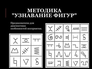 МЕТОДИКА
"УЗНАВАНИЕ ФИГУР"
Предназначена для
диагностики
особенностей восприятия.
 