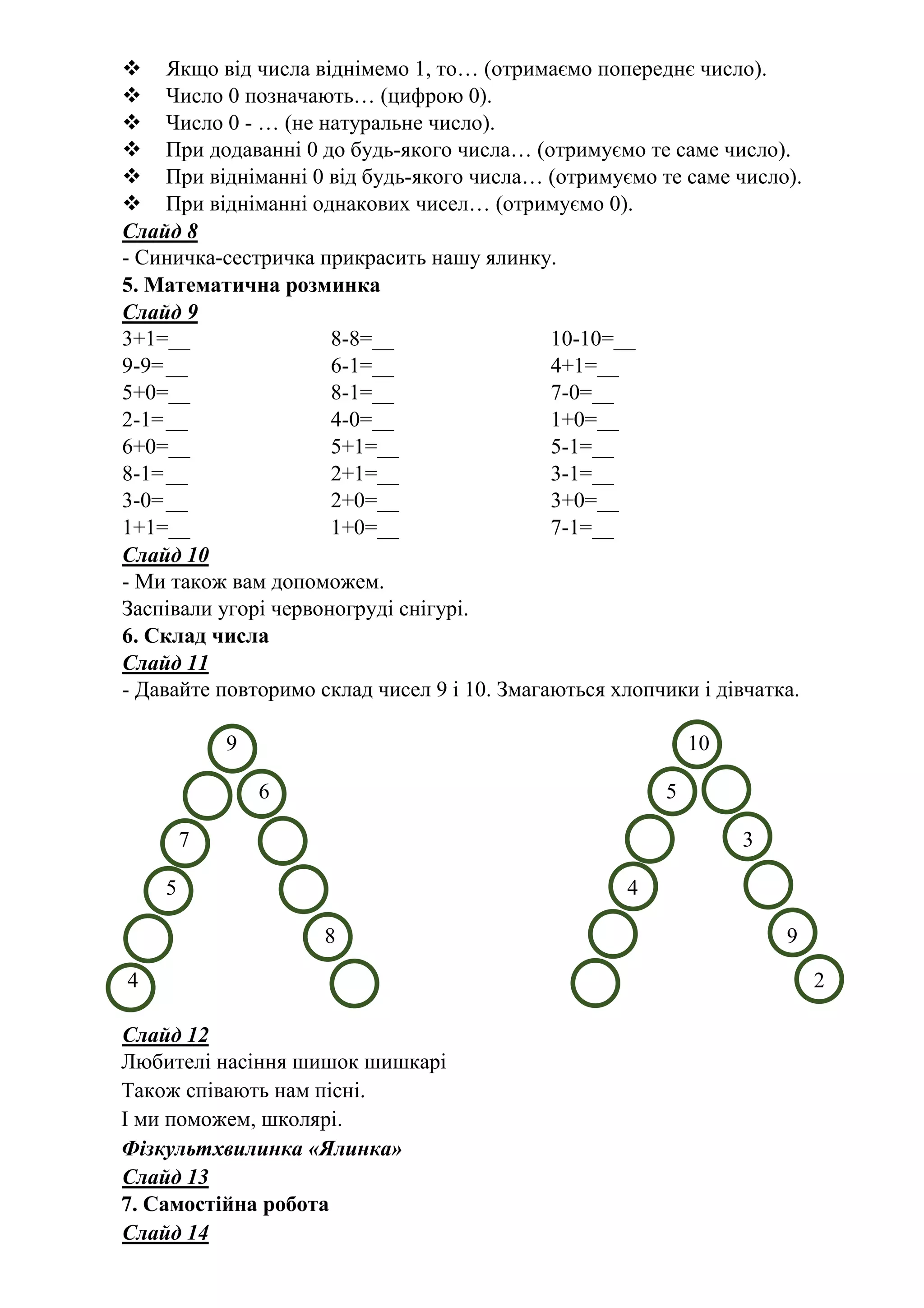Якщо від числа віднімемо 1, то… (отримаємо попереднє число).
Число 0 позначають… (цифрою 0).
Число 0 - … (не натуральне число).
При додаванні 0 до будь-якого числа… (отримуємо те саме число).
При відніманні 0 від будь-якого числа… (отримуємо те саме число).
При відніманні однакових чисел… (отримуємо 0).
Слайд 8
- Синичка-сестричка прикрасить нашу ялинку.
5. Математична розминка
Слайд 9
3+1=__ 8-8=__ 10-10=__
9-9=__ 6-1=__ 4+1=__
5+0=__ 8-1=__ 7-0=__
2-1=__ 4-0=__ 1+0=__
6+0=__ 5+1=__ 5-1=__
8-1=__ 2+1=__ 3-1=__
3-0=__ 2+0=__ 3+0=__
1+1=__ 1+0=__ 7-1=__
Слайд 10
- Ми також вам допоможем.
Заспівали угорі червоногруді снігурі.
6. Склад числа
Слайд 11
- Давайте повторимо склад чисел 9 і 10. Змагаються хлопчики і дівчатка.
9 10
6 5
7 3
5 4
8 9
4 2
Слайд 12
Любителі насіння шишок шишкарі
Також співають нам пісні.
І ми поможем, школярі.
Фізкультхвилинка «Ялинка»
Слайд 13
7. Самостійна робота
Слайд 14
 