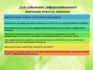 Для здійснення диференційованого
навчання вчитель повинен:
вивчити загальну готовність дітей до навчальної діяльності
передбачити труднощі, які можуть виникнути в дітей під час засвоєння нового матеріалу
застосовувати в системі уроків диференційовані індивідуальні, групові та фронтальні
завдання
здійснювати перспективний аналіз: з якою метою плануються завдання, чому їх треба
використовувати саме на цьому етапі уроку, як продовжувати роботу на наступних уроках
чітко сформулювати основні й додаткові запитання, визначити час на їх виконання;
продумати систему оперативного контролю
продумати власну педагогічну діяльність на занятті
підготувати необхідні дидактичні матеріали,враховуючи різний рівень складності завдань
та об’єм диференційованої допомоги
 