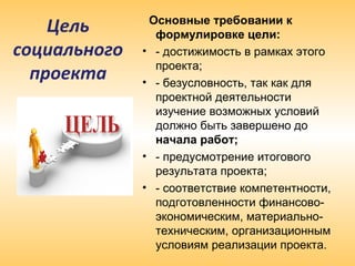 Цель
социального
проекта
Основные требовании к
формулировке цели:
• - достижимость в рамках этого
проекта;
• - безусловность, так как для
проектной деятельности
изучение возможных условий
должно быть завершено до
начала работ;
• - предусмотрение итогового
результата проекта;
• - соответствие компетентности,
подготовленности финансово-
экономическим, материально-
техническим, организационным
условиям реализации проекта.
 