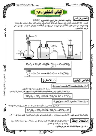 
  
٢٠
 
 
 
 
( CaC2) 
 
PH3H2S 
 
 
CaC2 + 2H2O C2H2 + Ca (OH)2

+ 2H.OH H–C≡C–H + Ca(OH)2
 
 
 

 
 
2H2O+ 2C + 2CO22C2H2 + 3O2
 
 
 
 
2H2O + 4CO2 + E2C2H2 + 5O2
 
 
 
 
 
 
C≡C
Ca
‫ﻣﺎء‬ ‫ﺗﻨﻘﯿﻂ‬
‫ﺑﺎرد‬
‫ﻣﺤﺪودة‬ ‫ﻛﻤﯿﺔ‬
‫وﻓﯿﺮة‬ ‫ﻛﻤﯿﺔ‬

 
 
 
CuSO4
+
H2SO4
C2H2
 
