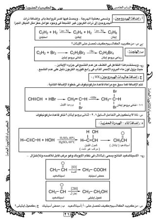 
  
٢١
 
 
   
C2H2 + H2 C2H4 + H2 C2H6
  
 
 
C2H2Br4C2H2Br2C2H2 + Br2
 
 
 
 
 
HX 
 
 
 
CH≡CH + HBr CH2═ C─H CH3─ C─H
،-‫اﻟ‬ ‫ﺑﺮوﻣﯿﺪ‬‫ﭭ‬‫ﯿﻨﯿﻞ‬ 
– 
 
– 
 
H─C≡C─H + HOH
‫أﺳﯿﺘﺎﻟﺪھﯿﺪ‬)‫إﯾﺜﺎﻧﺎل‬(‫اﻟ‬ ‫ﻛﺤﻮل‬‫ﭭ‬‫ﯿﻨﯿﻞ‬
)‫ﺛﺎﺑﺖ‬ ‫ﻏﯿﺮ‬ ‫ﻣﺮﻛﺐ‬(
 

CH3─ CH CH3─ COOH

CH3─ CH CH3─ CH2OH

 
 
HgSO4 60°C
H2SO4 40%
Ni‫ﻣﺠﺰأ‬
+HBr
Ni‫ﻣﺠﺰأ‬

 

I
Br
Br
I
I
Br
+Br2

[O]
‫أﻛﺴﺪة‬
[2H]
‫إﺧﺘﺰال‬
H
I
OH
I
H─C=CH CH3CH
 