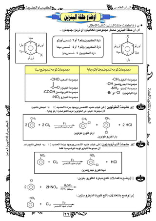 
  
٢٦
 
 
 
 
 
 
 
 
 
 
 
 
 
 
 
 
 
 
 
 
 
-CH3 
 
-OH  
-NH2 
 
-Cl-Br 
 
-CHO 
│
-C═O   
-COOH 
 
-NO2 
 
 
 
 
2 + 2 Cl2 + + 2 HCl

 
 
 
   
 
+ Cl2 + HCl

 
  
 
2 + 2HNO3
 
 
+ Cl2
X
١
‫أورﺛﻮ‬٢
‫ﻣﯿﺘﺎ‬٣٤
‫ﺑﺎرا‬
٦‫أورﺛﻮ‬
٥‫ﻣﯿﺘﺎ‬
‫ﻣﯿﺘﺎ‬
٣
‫أورﺛﻮ‬٢
١
X٦
‫أورﺛﻮ‬
٤‫ﺑﺎرا‬
٥‫ﻣﯿﺘﺎ‬
 
 
 
 
 

CH3
Fe 
 
Cl
CH3
Cl
CH3


NO2
Fe 
 
Cl
NO2

Cl
H2SO4 
50°C
NO2
Fe 
 
 