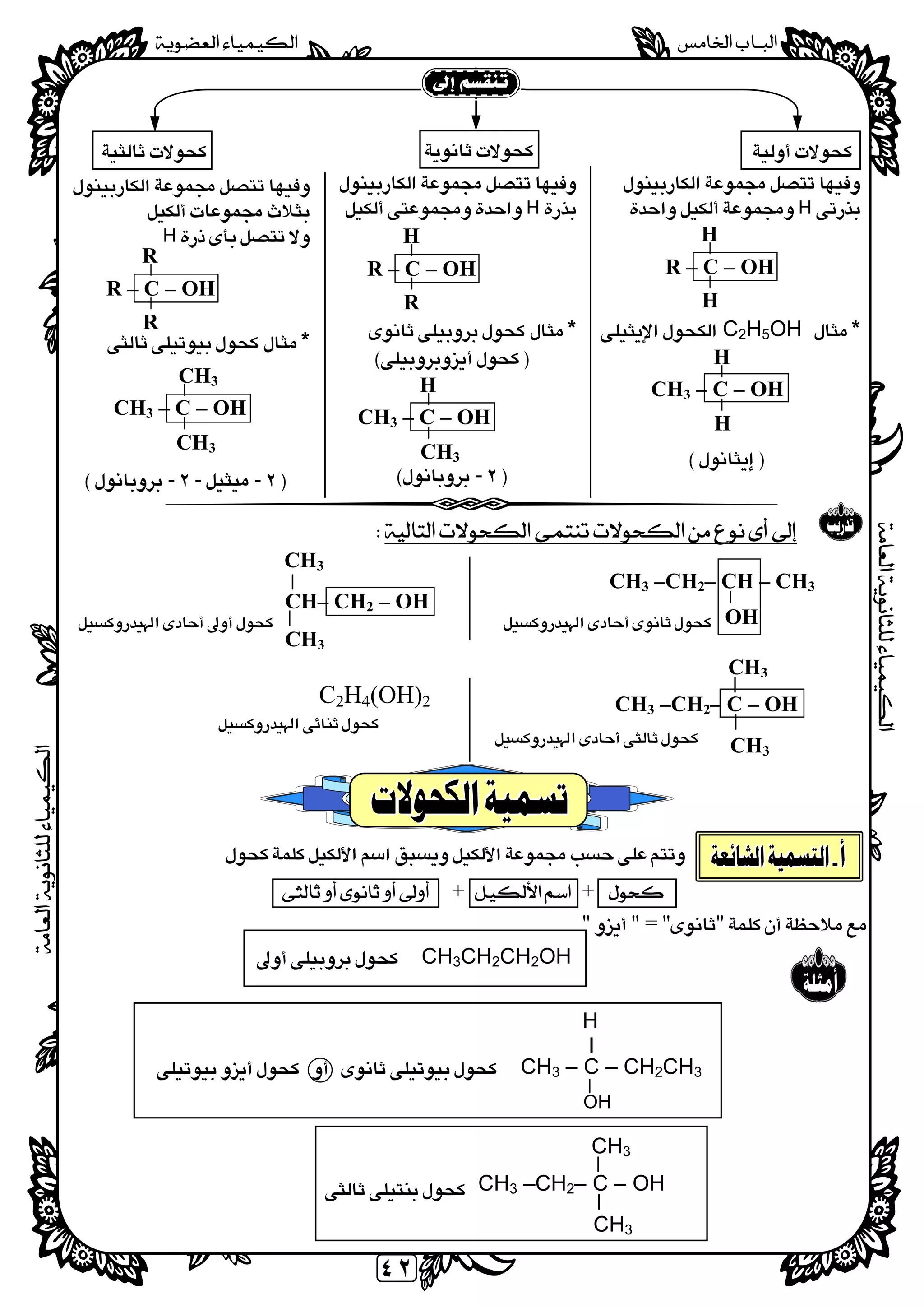 
 
٤٢
 
 
 
 
 
 
 
 
 
 
     
 
 
 
 
 
 
 
 
 
 
   ++ 
""" =" 
CH3CH2CH2OH
CH3 – C – CH2CH3

OH


H
*C2H5OH
 
 
 
 

R – C – OH
H
H

H 
*
 
 
 
 
 
-
CH3 – C – OH
H
H
R – C – OH
R
H
CH3 – C – OH
CH3
H

 
H 
*
 
 
 
 
 
---
R – C – OH
R
R
CH3 – C – OH
CH3
CH3
CH3 –CH2– CH – CH3
OH
CH– CH2 – OH
CH3
CH3
CH3 –CH2– C – OH
CH3
CH3
C2H4(OH)2

CH3 –CH2– C – OH
CH3
CH3
H
I
 