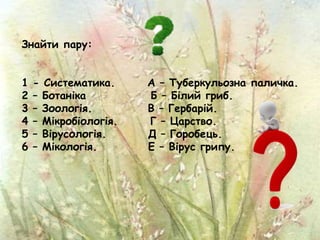 Знайти пару:
1 - Систематика. А – Туберкульозна паличка.
2 – Ботаніка Б – Білий гриб.
3 – Зоологія. В – Гербарій.
4 – Мікробіологія. Г – Царство.
5 – Вірусологія. Д – Горобець.
6 – Мікологія. Е – Вірус грипу.
 