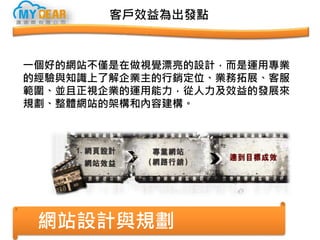 客戶效益為出發點
一個好的網站不僅是在做視覺漂亮的設計，而是運用專業
的經驗與知識上了解企業主的行銷定位、業務拓展、客服
範圍、並且正視企業的運用能力，從人力及效益的發展來
規劃、整體網站的架構和內容建構。
網站設計與規劃
 