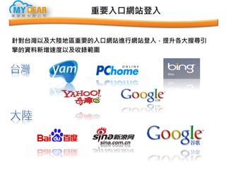 重要入口網站登入
針對台灣以及大陸地區重要的入口網站進行網站登入，提升各大搜尋引
擎的資料新增速度以及收錄範圍
 
