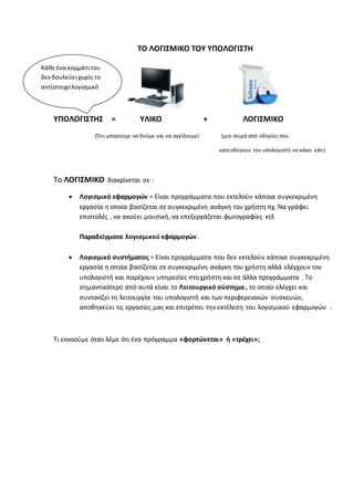 ΤΟ ΛΟΓΙΣΜΙΚΟ ΤΟΥ ΥΠΟΛΟΓΙΣΤΗ
ΥΠΟΛΟΓΙΣΤΗΣ = ΥΛΙΚΟ + ΛΟΓΙΣΜΙΚΟ
(Ότι μπορούμε να δούμε και να αγγίξουμε) (μια σειρά από οδηγίες που
κατευθύνουν τον υπολογιστή να κάνει κάτι)
Το ΛΟΓΙΣΜΙΚΟ διακρίνεται σε :
 Λογισμικό εφαρμογών = Είναι προγράμματα που εκτελούν κάποια συγκεκριμένη
εργασία η οποία βασίζεται σε συγκεκριμένη ανάγκη του χρήστη πχ. Να γράφει
επιστολές , να ακούει μουσική, να επεξεργάζεται φωτογραφίες κτλ
Παραδείγματα λογισμικού εφαρμογών.
 Λογισμικό συστήματος = Είναι προγράμματα που δεν εκτελούν κάποια συγκεκριμένη
εργασία η οποία βασίζεται σε συγκεκριμένη ανάγκη του χρήστη αλλά ελέγχουν τον
υπολογιστή και παρέχουν υπηρεσίες στο χρήστη και σε άλλα προγράμματα . Το
σημαντικότερο από αυτά είναι το Λειτουργικό σύστημα , το οποίο ελέγχει και
συντονίζει τη λειτουργία του υπολογιστή και των περιφερειακών συσκευών,
αποθηκεύει τις εργασίες μας και επιτρέπει την εκτέλεση του λογισμικού εφαρμογών .
Τι εννοούμε όταν λέμε ότι ένα πρόγραμμα «φορτώνεται» ή «τρέχει»;
Κάθεένα κομμάτιτου
δενδουλεύειχωρίς το
αντίστοιχολογισμικό
 