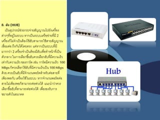 8. ฮับ (HUB)
เป็นอุปกรณ์ช่วยกระจ่ายสัญญาณไปยังเครื่อง
ต่างๆที่อยู่ในระบบ หากเป็นระบบเครือข่ายที่มี 2
เครื่องก็ไม่จาเป็นต้องใช้ฮับสามารถใช้สายสัญญาณ
เชื่อมต่อ ถึงกันได้โดยตรง แต่หากเป็นระบบที่มี
มากกว่า 2 เครื่องจาเป็นต้องมีฮับเพื่อทาหน้าที่เป็น
ตัวกลาง ในการเลือกซื้อฮับควรเลือกฮับที่มีความเร็ว
เท่ากับความเร็ว ของการ์ด เช่น การ์ดมีความเร็ว 100
Mbpsก็ควรเลือกใช้ฮับที่มีความเร็วเป็น 100Mbps
ด้วย ควรเป็นฮับที่มีจานวนพอร์ตสาหรับต่อสายที่
เพียงพอกับ เครื่องใช้ในระบบ หากจานวนพอร์ตต่อ
สายไม่เพียงพอก็สามารถต่อพ่วงได้ แนะนาว่าควร
เลือกซื้อฮับที่สามารถต่อพ่วงได้ เพื่อรองรับการ
ขยายตัวในอนาคต
 