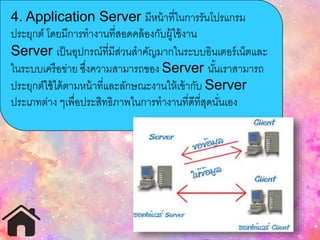 4. Application Server มีหน้าที่ในการรันโปรแกรม
ประยุกต์ โดยมีการทางานที่สอดคล้องกับผู้ใช้งาน
Server เป็นอุปกรณ์ที่มีส่วนสาคัญมากในระบบอินเตอร์เน็ตและ
ในระบบเครือข่าย ซึ่งความสามารถของ Server นั้นเราสามารถ
ประยุกต์ใช้ได้ตามหน้าที่และลักษณะงานให้เข้ากับ Server
ประเภทต่าง ๆเพื่อประสิทธิภาพในการทางานที่ดีที่สุดนั่นเอง
 
