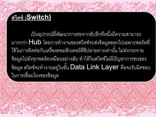 สวิตซ์ (Switch)
เป็นอุปกรณ์ที่พัฒนาการต่อจากฮับอีกทีหนึ่งมีความสามารถ
มากกว่า Hub โดยการทางานของสวิตซ์จะส่งข้อมูลออกไปเฉพาะพอร์ตที่
ใช้ในการติดต่อกับเครื่องคอมพิวเตอร์พีซีปลายทางเท่านั้น ไม่ส่งกระจาย
ข้อมูลไปยังทุกพอร์ตเหมือนอย่างฮับ ทาให้ในสวิตซ์ไม่มีปัญหาการชนของ
ข้อมูล สวิตซ์จะทางานอยู่ในชั้น Data Link Layer คือจะรับผิดชอบ
ในการเชื่อมโยงของข้อมูล
 