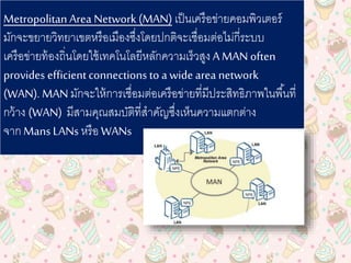 Metropolitan Area Network(MAN) เป็นเครือข่ายคอมพิวเตอร์
มักจะขยายวิทยาเขตหรือเมืองซึ่งโดยปกติจะเชื่อมต่อไม่กี่ระบบ
เครือข่ายท้องถิ่นโดยใช้เทคโนโลยีหลักความเร็วสูงAMAN often
provides efficientconnections to a wide area network
(WAN). MAN มักจะให้การเชื่อมต่อเครือข่ายที่มีประสิทธิภาพในพื้นที่
กว้าง (WAN) มีสามคุณสมบัติที่สาคัญซึ่งเห็นความแตกต่าง
จาก Mans LANs หรือ WANs
 