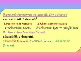 ใช้ลักษณะหน้าที่การทางานของคอมพิวเตอร์ในเครือข่ายเป็นเกณฑ์
สามารถแบ่งได้เป็ น 2 ประเภทดังนี้
1. Peer-to-Peer Network 2. Client-ServerNetwork
- หรือเครือข่ายแบบเท่าเทียม - หรือเครือข่ายแบบผู้ใช้บริการและผู้ให้บริการ
ใช้ระดับความปลอดภัยของข้อมูลเป็นเกณฑ์
แบ่งออกได้เป็ น 3 ประเภทดังนี้
1.อินเทอร์เน็ต (Internet) 2.อินทราเน็ต (Intranet) 3.เอ็กส์ทราเน็ต
(Extranet)
 
