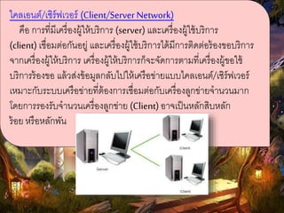 ไคลเอนต์/เซิร์ฟเวอร์ (Client/ServerNetwork)
คือ การที่มีเครื่องผู้ให้บริการ (server) และเครื่องผู้ใช้บริการ
(client) เชื่อมต่อกันอยู่ และเครื่องผู้ใช้บริการได้มีการติดต่อร้องขอบริการ
จากเครื่องผู้ให้บริการ เครื่องผู้ให้บริการก็จะจัดการตามที่เครื่องผู้ขอใช้
บริการร้องขอ แล้วส่งข้อมูลกลับไปให้เครือข่ายแบบไคลเอนต์/เซิร์ฟเวอร์
เหมาะกับระบบเครือข่ายที่ต้องการเชื่อมต่อกับเครื่องลูกข่ายจานวนมาก
โดยการรองรับจานวนเครื่องลูกข่าย (Client) อาจเป็นหลักสิบหลัก
ร้อย หรือหลักพัน
 