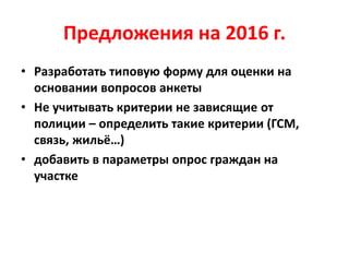 Предложения на 2016 г.
• Разработать типовую форму для оценки на
основании вопросов анкеты
• Не учитывать критерии не зависящие от
полиции – определить такие критерии (ГСМ,
связь, жильё…)
• добавить в параметры опрос граждан на
участке
 