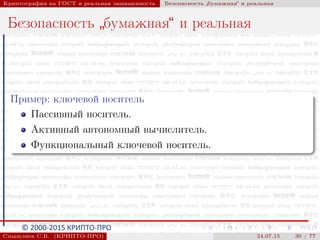 © 2000-2015 КРИПТО-ПРО
Криптография на ГОСТ и реальная защищенность Безопасность
”
бумажная“ и реальная
Безопасность
”
бумажная“ и реальная
Пример: ключевой носитель
Пассивный носитель.
Активный автономный вычислитель.
Функциональный ключевой носитель.
Смышляев С.В. (КРИПТО-ПРО) 24.07.15 30 / 77
 
