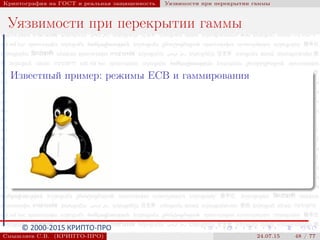© 2000-2015 КРИПТО-ПРО
Криптография на ГОСТ и реальная защищенность Уязвимости при перекрытии гаммы
Уязвимости при перекрытии гаммы
Известный пример: режимы ECB и гаммирования
Смышляев С.В. (КРИПТО-ПРО) 24.07.15 48 / 77
 
