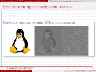 © 2000-2015 КРИПТО-ПРО
Криптография на ГОСТ и реальная защищенность Уязвимости при перекрытии гаммы
Уязвимости при перекрытии гаммы
Известный пример: режимы ECB и гаммирования
Смышляев С.В. (КРИПТО-ПРО) 24.07.15 50 / 77
 