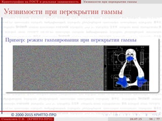 © 2000-2015 КРИПТО-ПРО
Криптография на ГОСТ и реальная защищенность Уязвимости при перекрытии гаммы
Уязвимости при перекрытии гаммы
Пример: режим гаммирования при перекрытии гаммы
Смышляев С.В. (КРИПТО-ПРО) 24.07.15 56 / 77
 