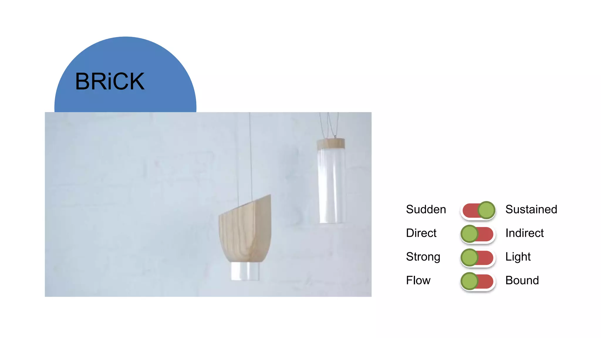 BRiCK
Sudden Sustained
Direct Indirect
Strong Light
Flow Bound
 