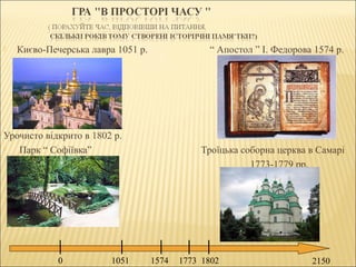  Києво-Печерська лавра 1051 р. “ Апостол ” І. Федорова 1574 р.
Урочисто відкрито в 1802 р.
 Парк “ Софіївка” Троїцька соборна церква в Самарі
1773-1779 рр.
0 1051 1574 1773 1802 2150
 