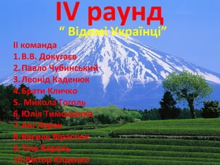 ІV раунд
“ Відомі Українці”
ІІ команда
1.В.В. Докугаєв
2.Павло Чубинський
3.Леонід Каденюк
4.Брати Кличко
5. Микола Гоголь
6.Юлія Тимошенко
7.Ані Лорак
8.Василь Вірастюк
9.Тіна Кароль
10.Віктор Ющенко
 