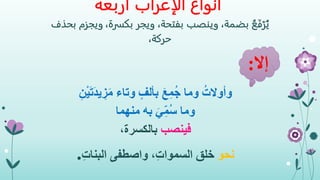 ‫الإعراب‬ ‫أنواع‬‫أربعة‬
ُ‫ع‬َ‫ف‬ْ‫ر‬ُ‫ي‬،‫بضمة‬‫وينصب‬،‫بفتحة‬،‫بكسرة‬ ‫ويجر‬‫ويجزم‬‫بحذف‬
،‫حركة‬
ِ‫ن‬ْ‫ي‬َ‫ت‬َ‫د‬‫ي‬ ِ‫ز‬َ‫م‬ ‫وتاء‬ ٍ‫بألف‬ َ‫ع‬ِ‫م‬ُ‫ج‬ ‫وما‬ ُ‫وأوالت‬
‫وما‬‫منهما‬ ‫به‬ َ‫ي‬ِ‫ُم‬‫س‬
‫فينصب‬‫بالكسرة‬،
‫نحو‬‫خلق‬ِ‫ت‬‫البنا‬ ‫واصطفى‬ ،ِ‫ت‬‫السموا‬.
‫إال‬:
 