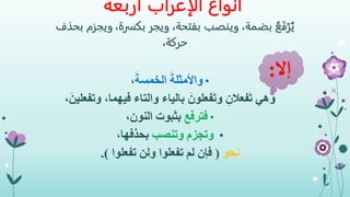 ‫الإعراب‬ ‫أنواع‬‫أربعة‬
ُ‫ع‬َ‫ف‬ْ‫ر‬ُ‫ي‬،‫بضمة‬‫وينصب‬،‫بفتحة‬،‫بكسرة‬ ‫ويجر‬‫ويجزم‬‫بحذف‬
،‫حركة‬
•َ‫الخمسة‬ َ‫واألمثلة‬،
‫وهي‬‫وتفعل‬ ،‫فيهما‬ ‫والتاء‬ ‫بالياء‬ َ‫فعلون‬َ‫ت‬‫و‬ ِ‫فعالن‬َ‫ت‬،َ‫ين‬
•‫فترفع‬‫النون‬ ‫بثبوت‬،
•‫وتنصب‬ ‫وتجزم‬،‫بحذفها‬
‫نحو‬(‫تفعلوا‬ ‫ولن‬ ‫تفعلوا‬ ‫لم‬ ‫فإن‬.)
‫إال‬:
 